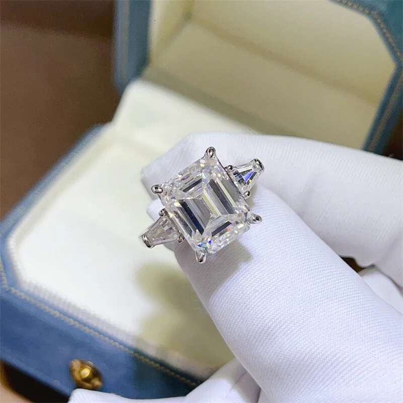 bxiny 5 10ct emerald cut all moissanite rings s925 silver baguette 3stone diamond women men gra certified wedding bands jewelry