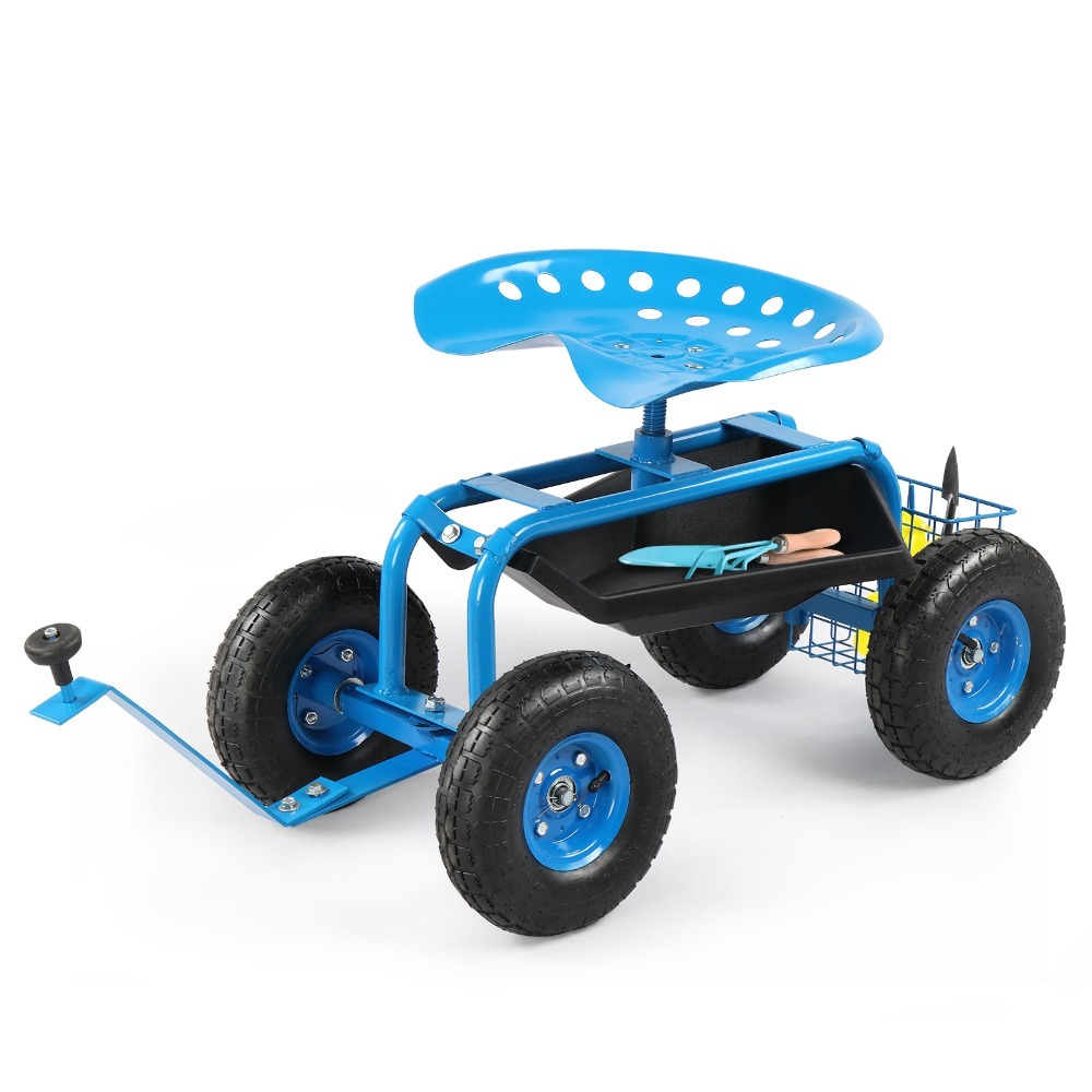Rolling Garden Work Seat with Wheels, Gardening Stool for Planting, Garden Scooter with 360 Degree Swivel Seat , Steering Handle , Tool Tray, Blue