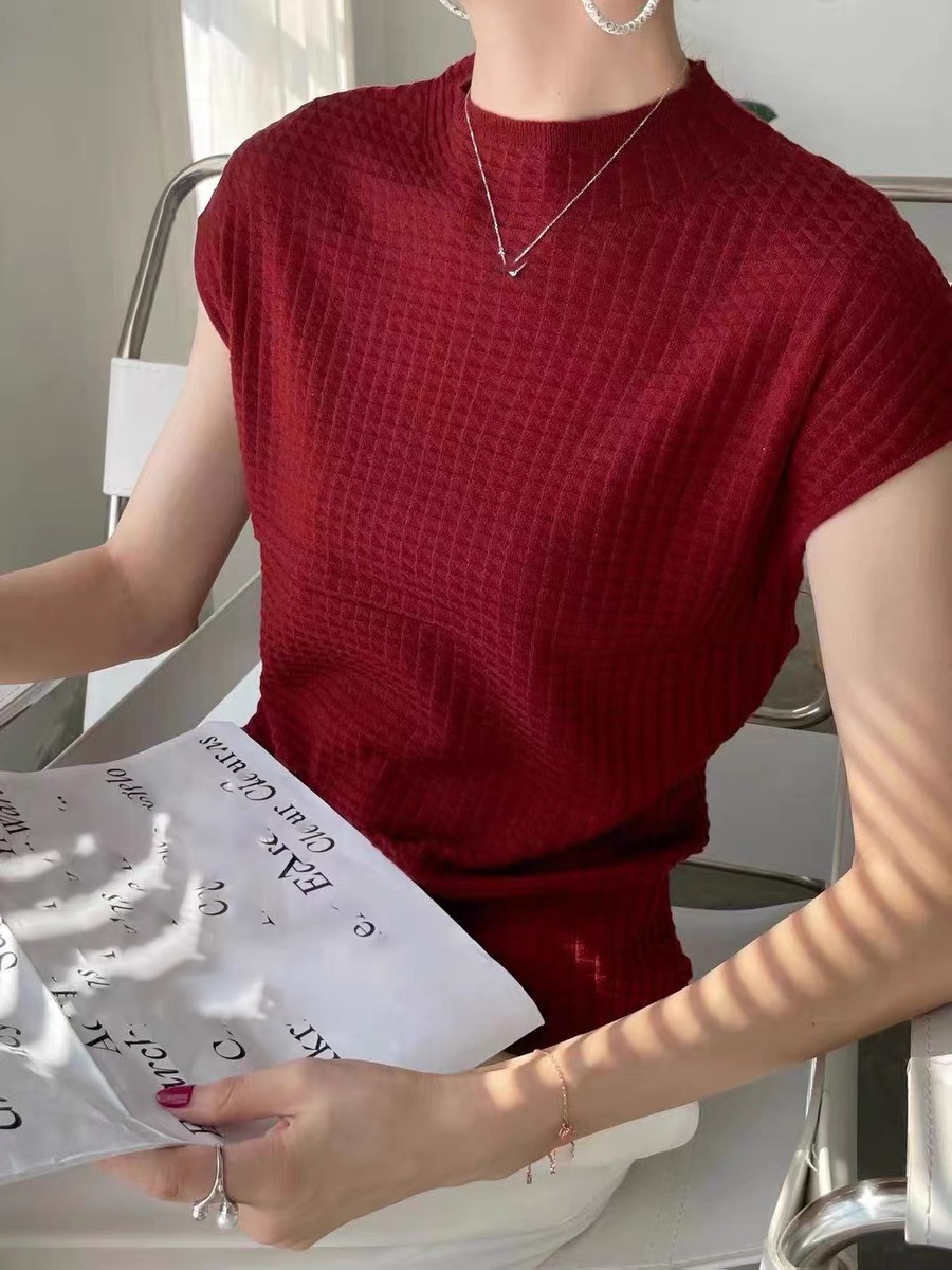 Short Sleeve Half High Neck Knit Bottom Shirt Thin Inner Tops