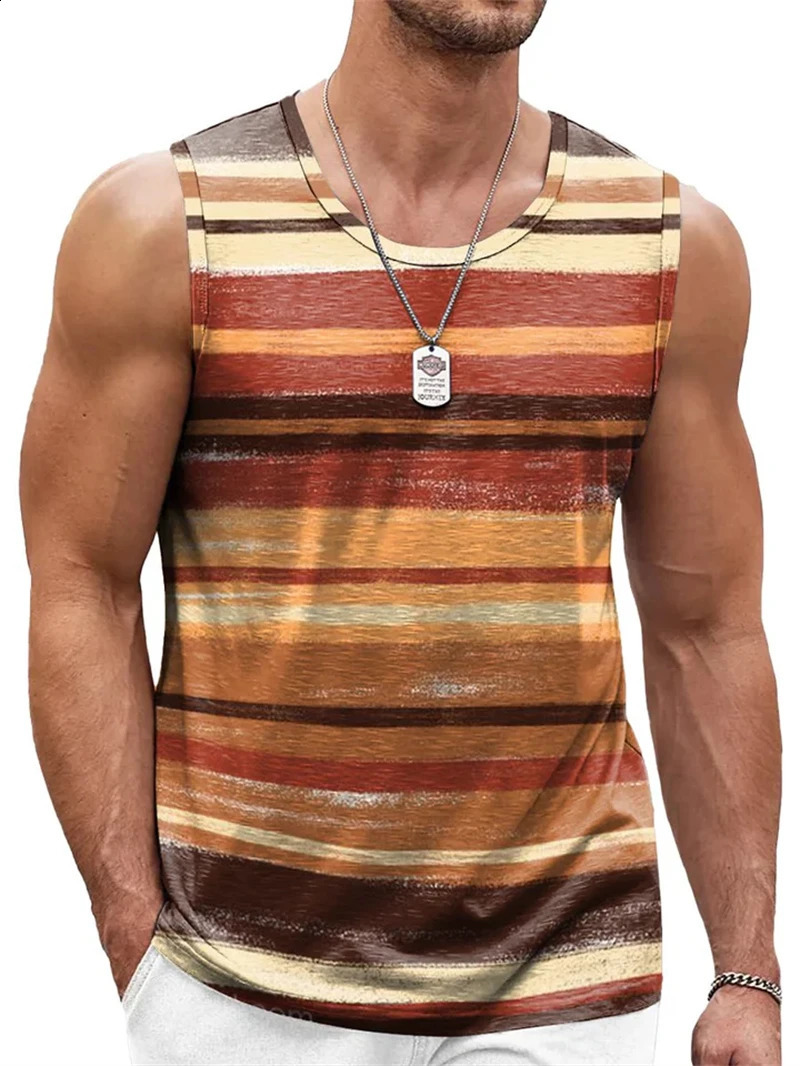 Retro Striped Graphic Tank Tops For Men Fashion Casual Summer Sleeveless 3D Printed Vest Loose Crew Neck Quick Dry Sports Tees 250519