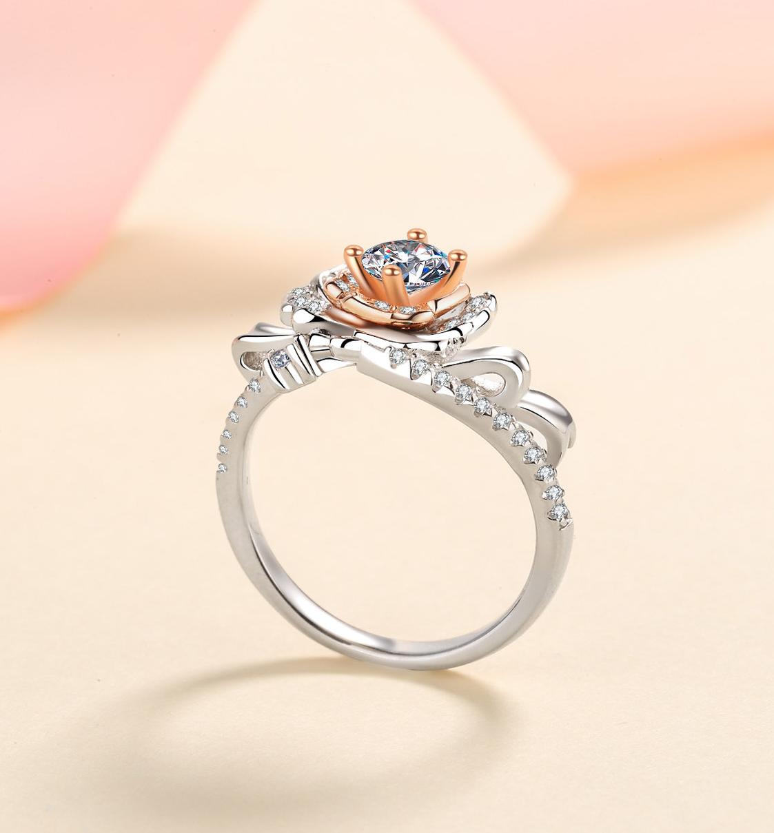 925 Sterling Silver Rose Gold Moissanite Ring, Floral Design with Diamond Accents, Elegant Engagement or Wedding Ring for Women
