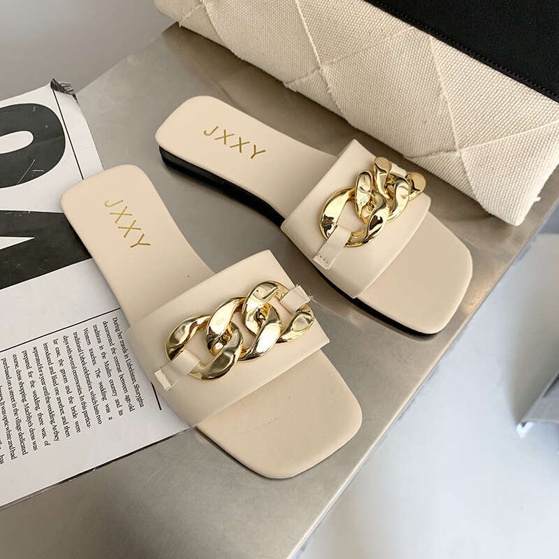 Korean Style Metal Buckle Flat Slippers For Spring 2025 Designer Sandals New Outdoor Beach Shoes, Casual Plus Size Women's Slippers