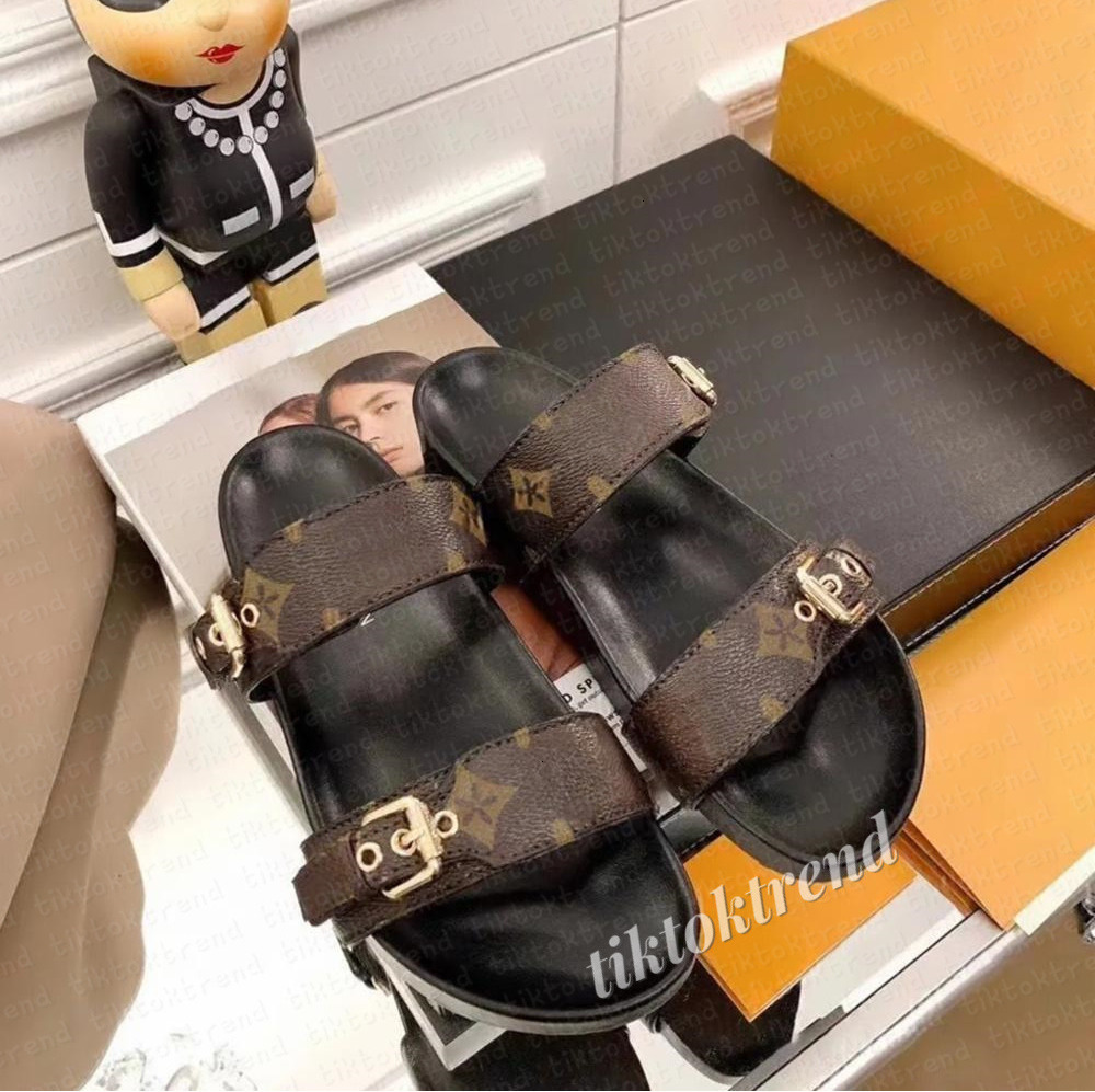 Women mens Designer sliders bom dia flat Mule COMFORT Sandal Luxury Slipper Leather shoe Floral denim Slide brown Summer Rubber Beach Shoes Loafer travel 35-45