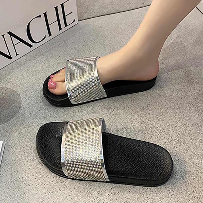 2025 designer sandals womens slides flash diamond slippers summer pool beach casual flat soft sliders outdoor indoor black rose gold silver non-slip c