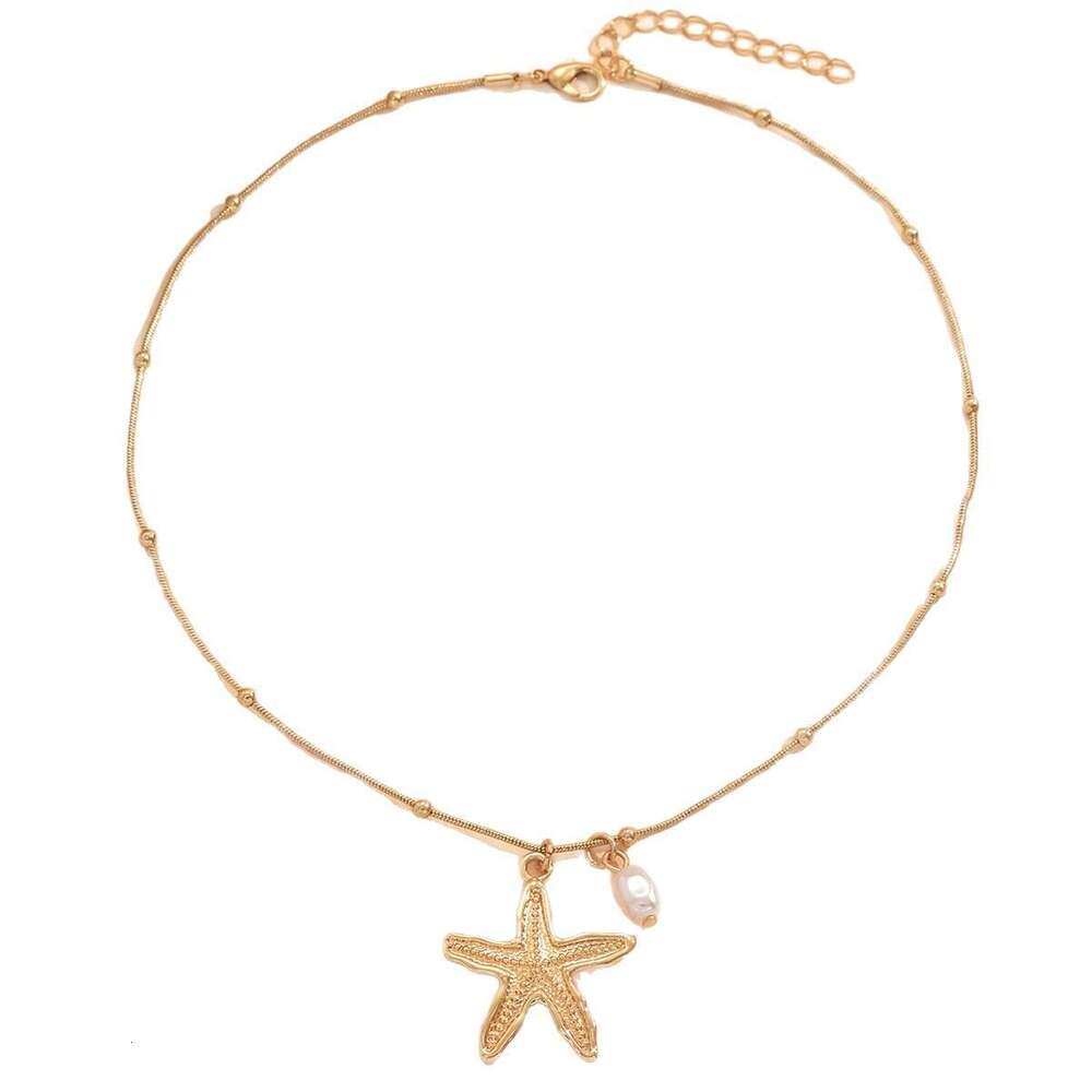 Fashion Jewelry - Ocean Elements Starfish Simulated Pearl Pendant Necklace, Versatile Zinc Alloy Collar Necklace for Women