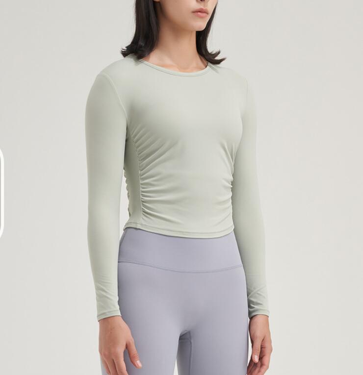 Side Waist Elastic Wrinkle Sports Long Sleeve Yoga Outfits Tops Slim Skin Nude Feeling Solid Color Casual Suit Shirt Gym Clothes Women
