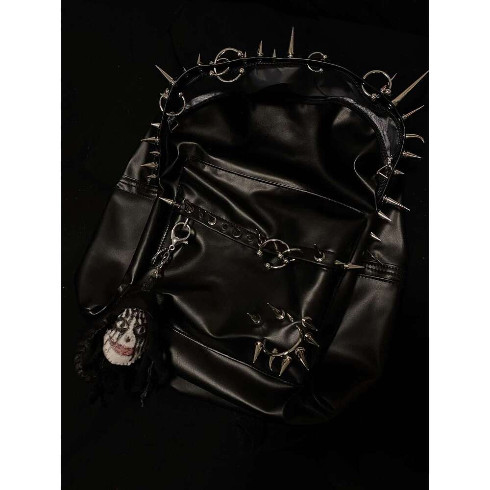 Punk Rivet Black Leather Backpack Men's Bag Fashion Large Capacity Backpacks Women'bag