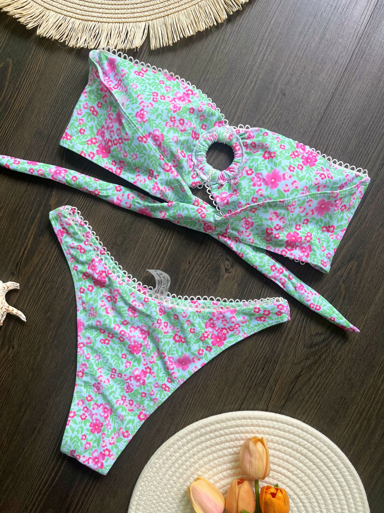 Women's Swimwear Floral Bikini Pink Bow Swimsuit Women Low Waist Bathing Suit 2025 Summer Biquini Bandage Beachwear Sexy