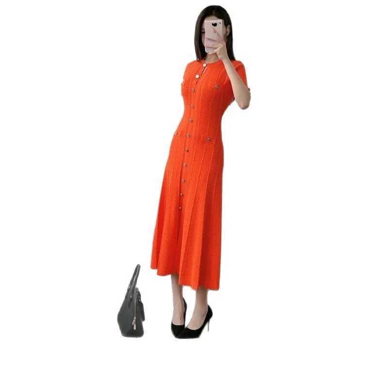 French Elegant Summer Solid Round Neck Short Sleeved Office Lady Knitted Dress Women Korean Single Breasted Long Dress Fashion M250522