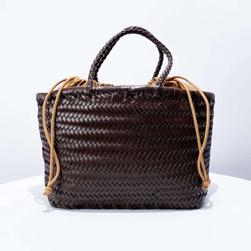 Handmade Weave PU Drawstring Tote Bags For Women Designer Handbags Purse New In Vintage With Inner Pocket Shoulder