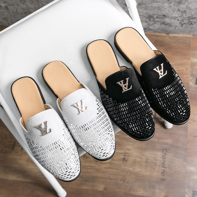 2025 Summer New Arrival Mens Shiny Diamond Casual Leather Shoes Simple Versatile Rhinestone Slip On Backless Large Sizes 38-48 Black White Free Shippi