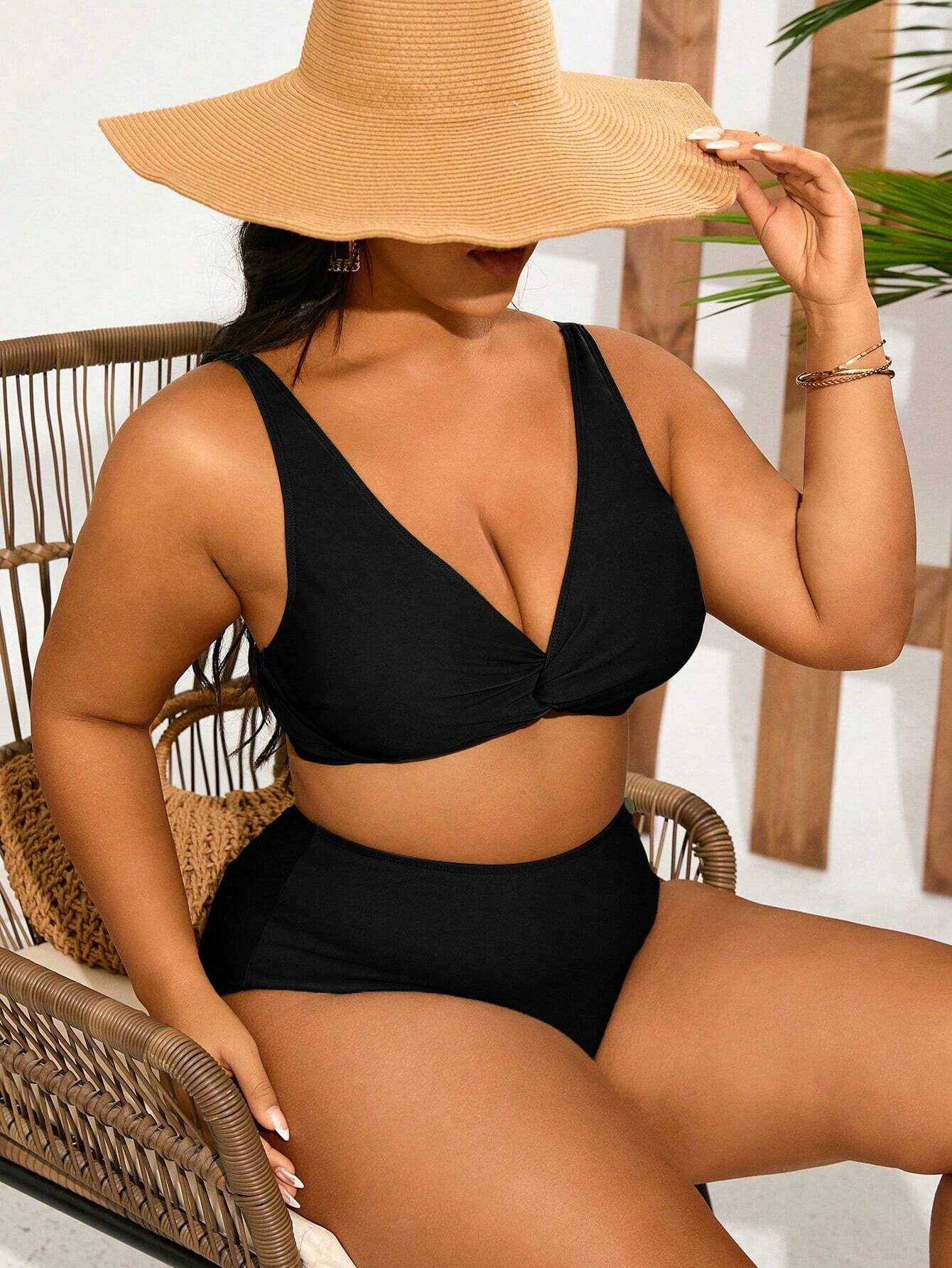 Women's Plus Size Swimsuits 3 Piece Halter Triangle Bikini Set with Drawstring Semi Sheer Cover Up Bathing Suit