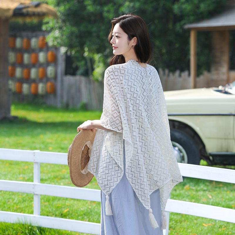K799 Summer new all-match thin shawl women's knitted hollow tassel fashionable outer cheongsam white cape trend