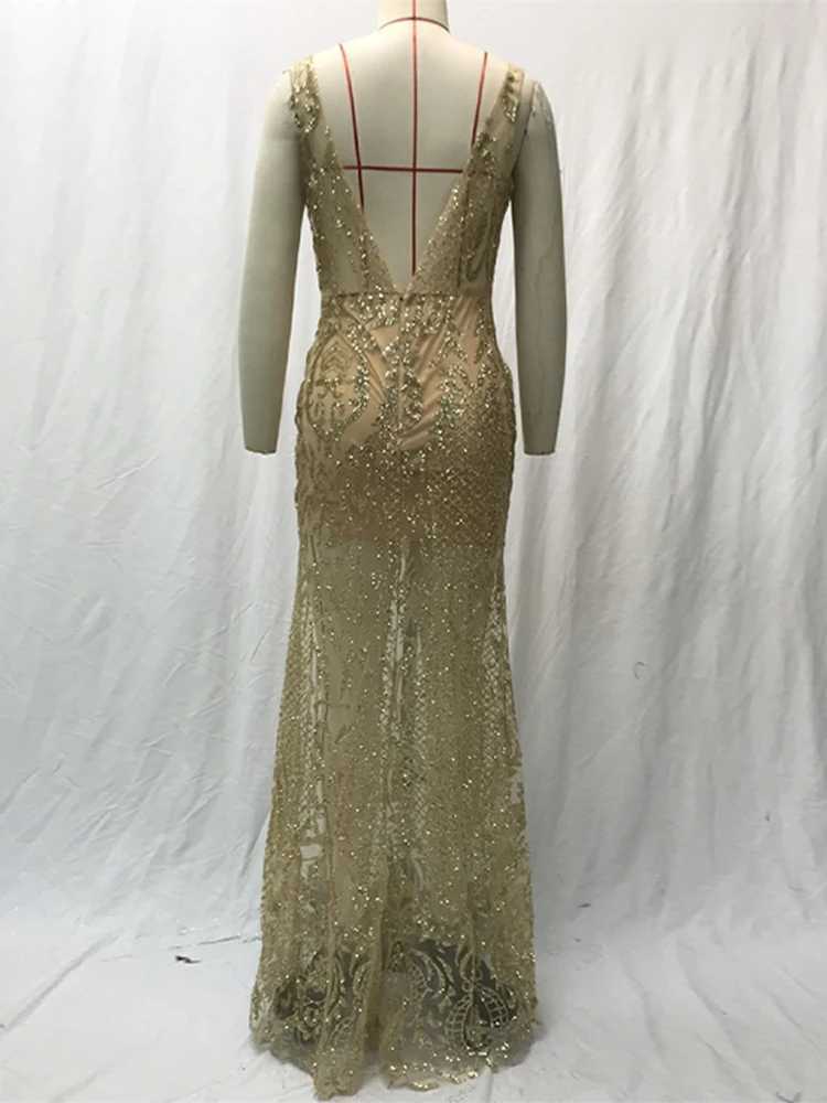 Shiny Sequin V Neck Maxi Dresses Women Elegant Slimming Backless Short Sleeved Long Dress Lady Gold Silver Party Evening Robes M250522