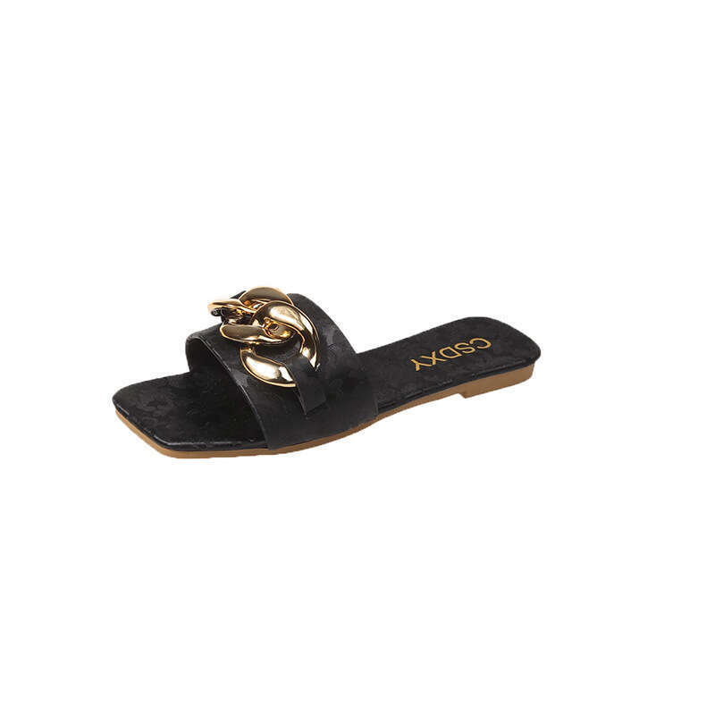 High Quality Light Luxury Casual Printed Metal Buckle Flat Slippers Designer Sandals 2025 New Spring Sandals Large Size Beach Wear Resistant Straight 