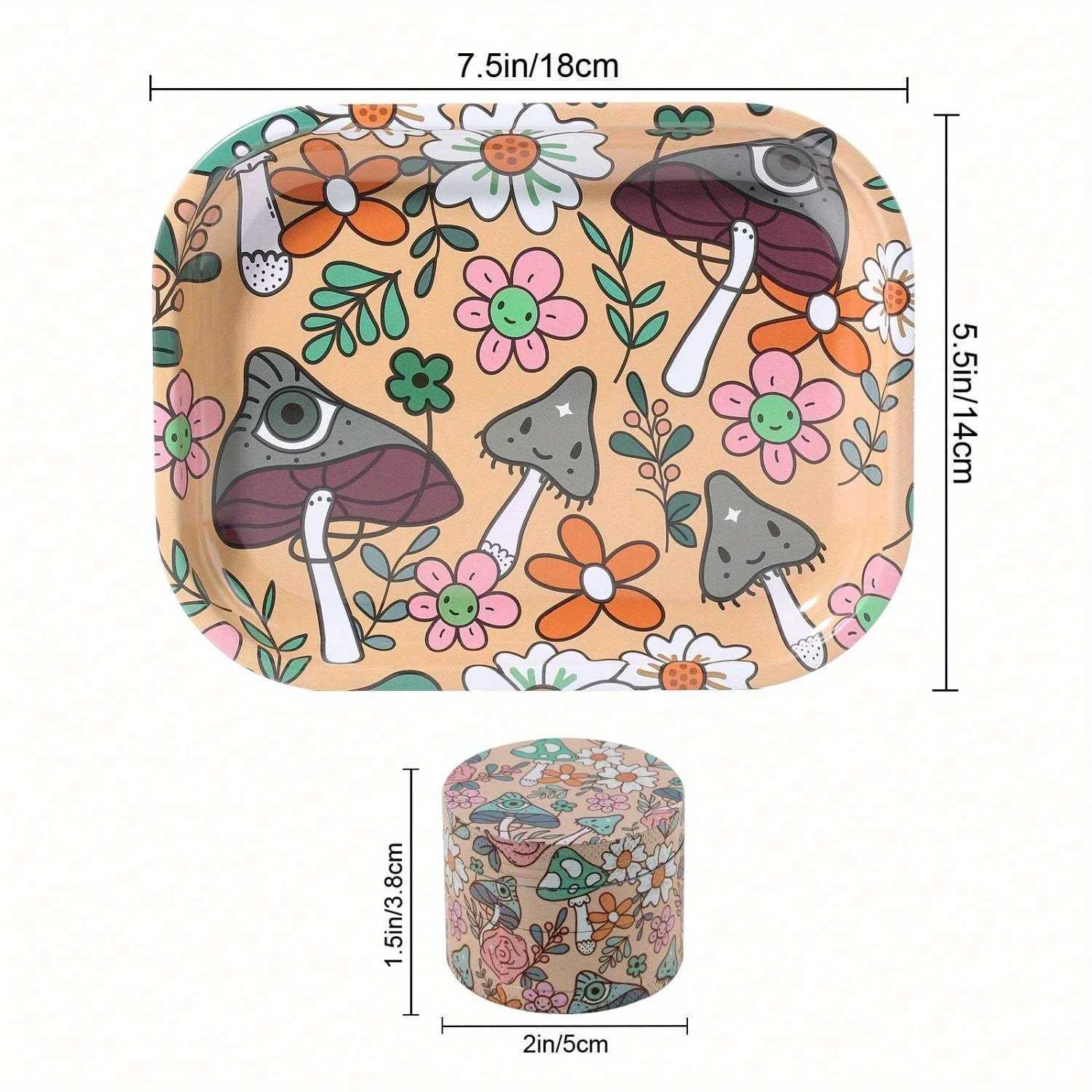 2 Pieces Kitten Bear Floral Mushrooms The Magic World Grinder and Rolling Tray Combo Y250521