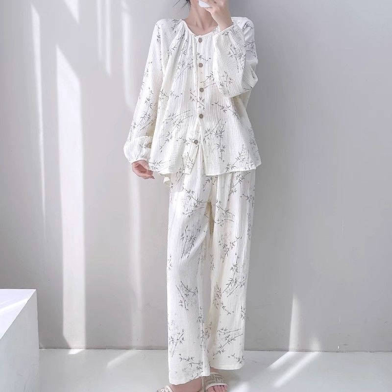 X179-New spring and summer women's cotton yarn Japanese pajamas double-layer gauze breathable casual home clothes suit nine points