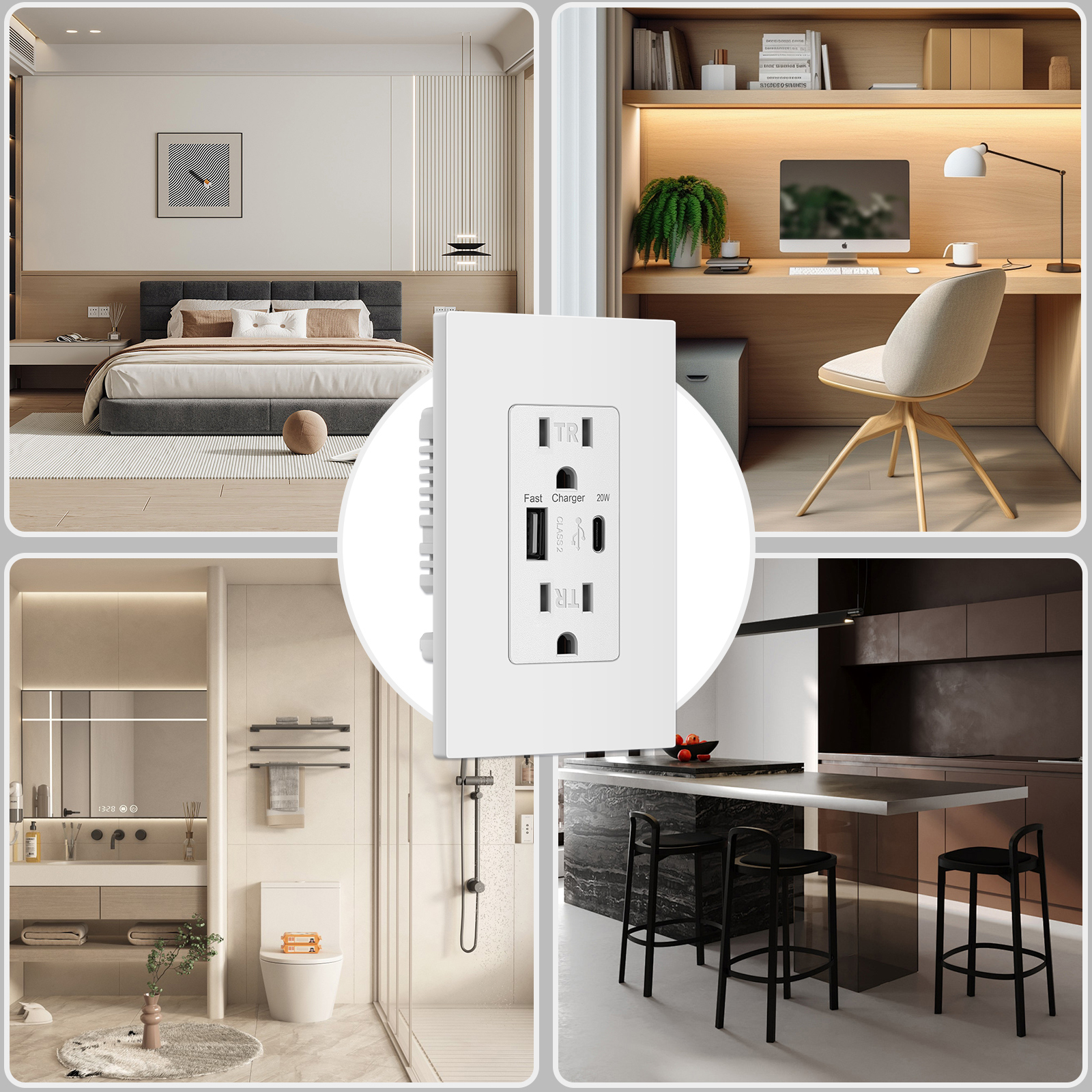 USB Wall Outlet with 20W Fast Charging, Type-C & Type-A Dual Ports USB Outlets, Tamper-Resistant USB Receptacle , 15A ETL Order inquiry back office