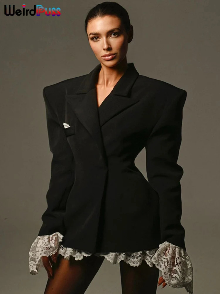 Weird Puss Lace Hem Blazers Dress Women v-Neck Full Sleeve Autumn Trend Pocket Office Streetwear Elegant Simple Mini Bodycon 250517