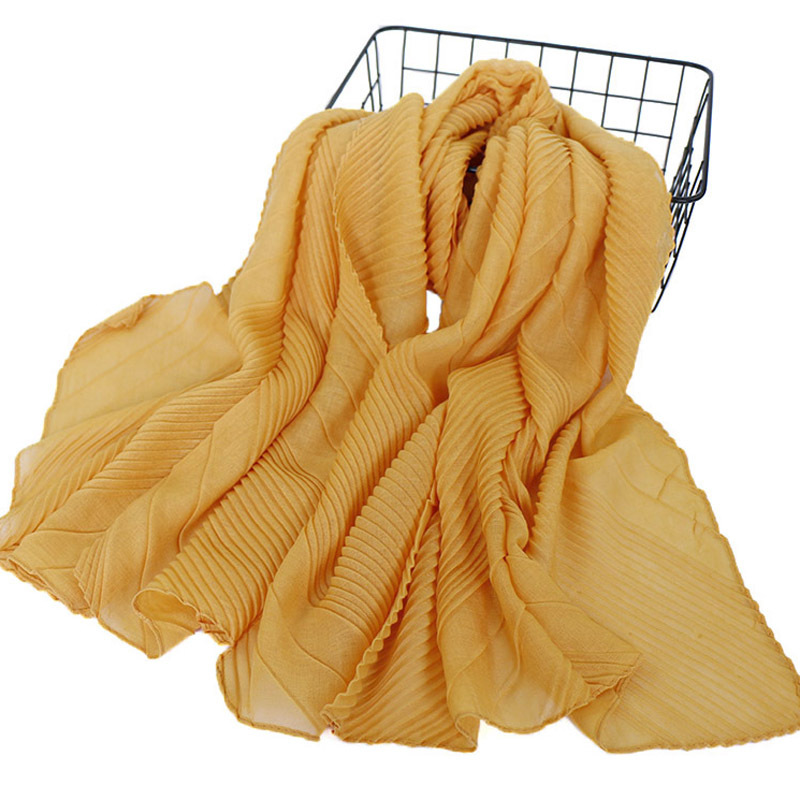 K788 Summer new solid color cotton and linen large and small pleated scarf high quality solid color wrinkled