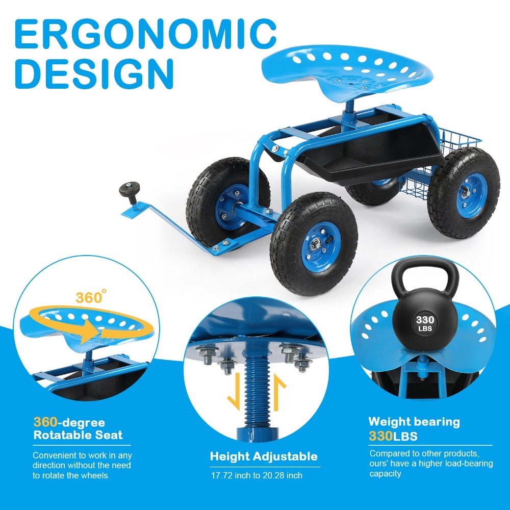 Rolling Garden Work Seat with Wheels, Gardening Stool for Planting, Garden Scooter with 360 Degree Swivel Seat , Steering Handle , Tool Tray, Blue