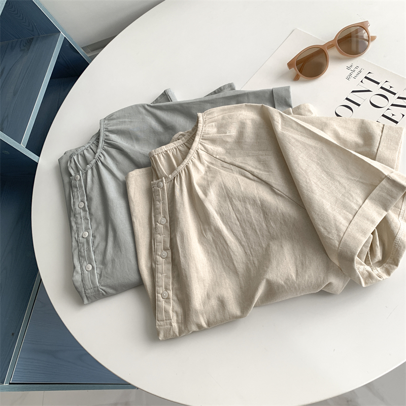 X1703 Linen cotton short-sleeved tops for women in summer, loose and gentle, showing skin tone and temperament, versatile sweatshirt