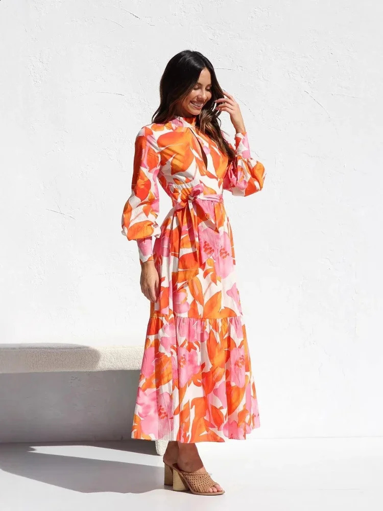Summer Fashion Womens Elegant Temperament Dress Round Neck Long Sleeve Bohemian Printed A-line Large Swing Long Dress 250519CJ