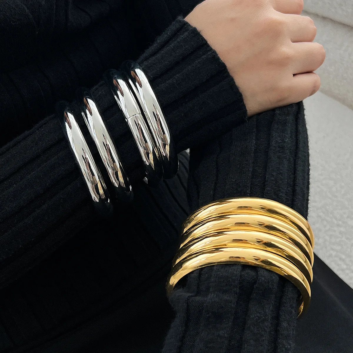 Exaggerated Punk Irregular Wide Cuff Bangle Set for Women Vintage Gold Color Chunky Metal Bracelets Men Hand Jewelry Gift 250522