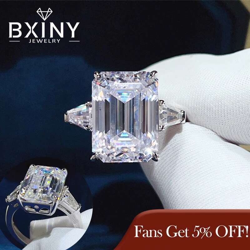 bxiny 5 10ct emerald cut all moissanite rings s925 silver baguette 3stone diamond women men gra certified wedding bands jewelry