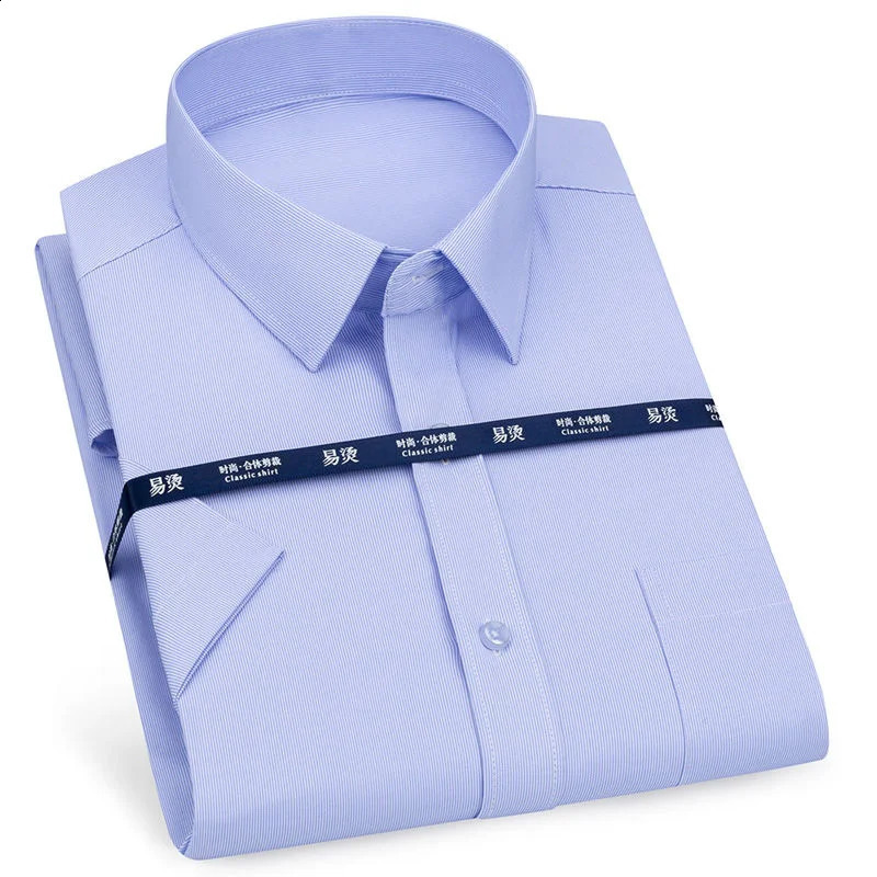 Mens Short Sleeve Shirt Business Casual Classic Plaid Striped Checked Male Social Dress Shirts Purple Blue 5XL Plus Large Size y250519