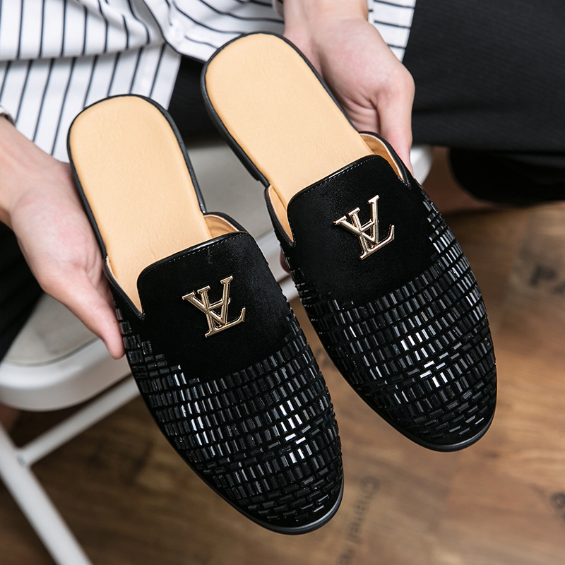 2025 Summer New Arrival Mens Shiny Diamond Casual Leather Shoes Simple Versatile Rhinestone Slip On Backless Large Sizes 38-48 Black White Free Shippi