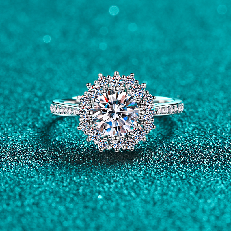 Elegant S925 Sterling Silver Moissanite Ring with Floral Sunflower Design - High-End, Hypoallergenic Jewelry for Women
