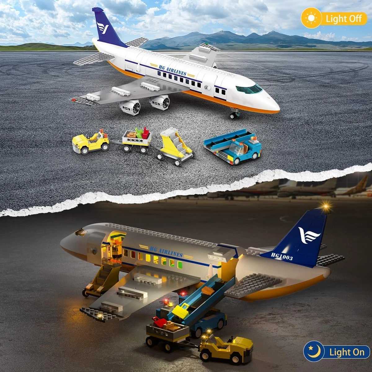 HOGOKIDS Airplane Building Set with LED Plane Building Blocks with Airport Terminal Luggage Trailer Toys Gifts for Kids Age 6+ W250522