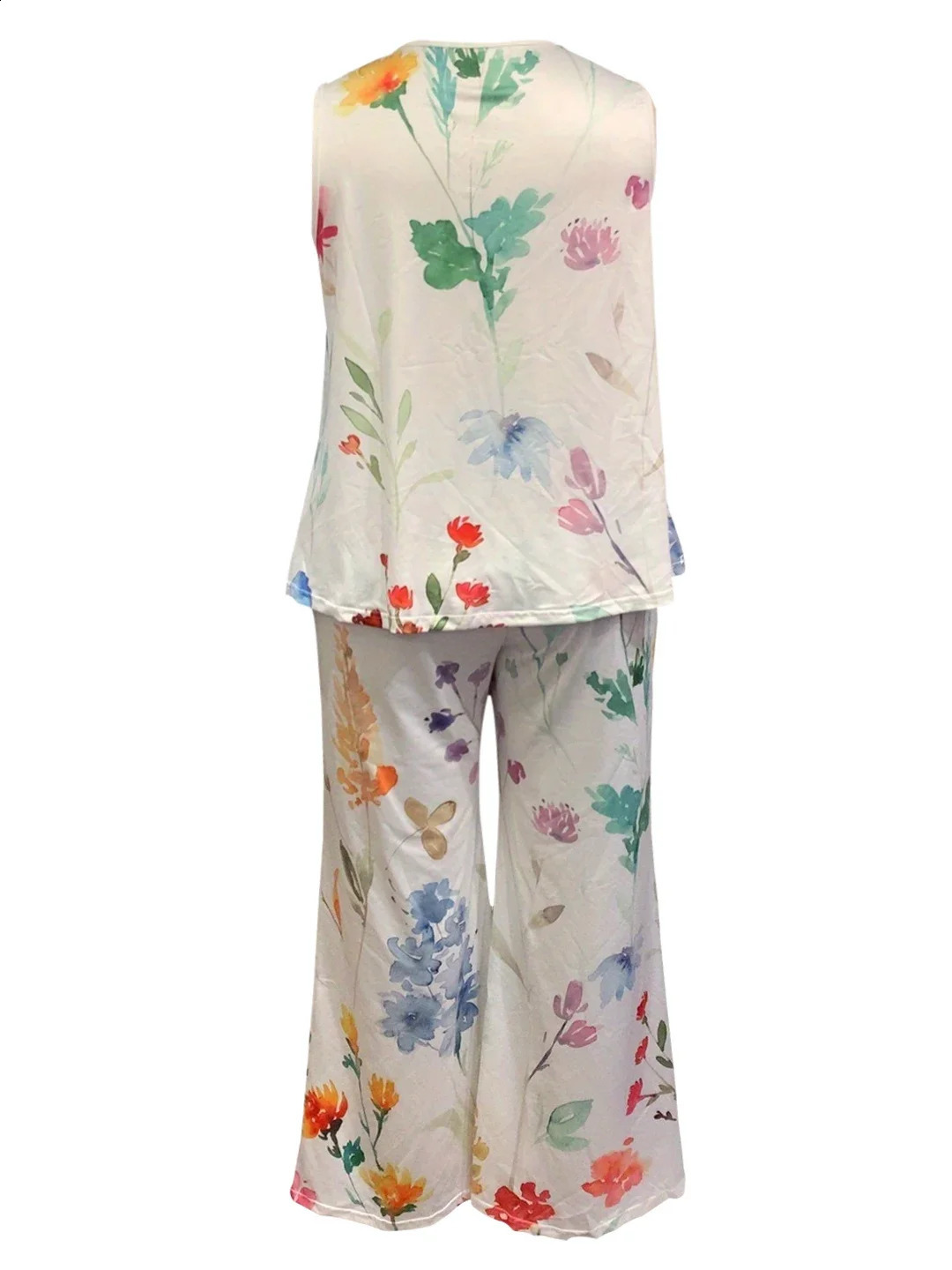 Plus Size Womens Casual Outfits Two Piece Set Solid Round Neck Tank Top Wide Leg Pants 2 250516Z