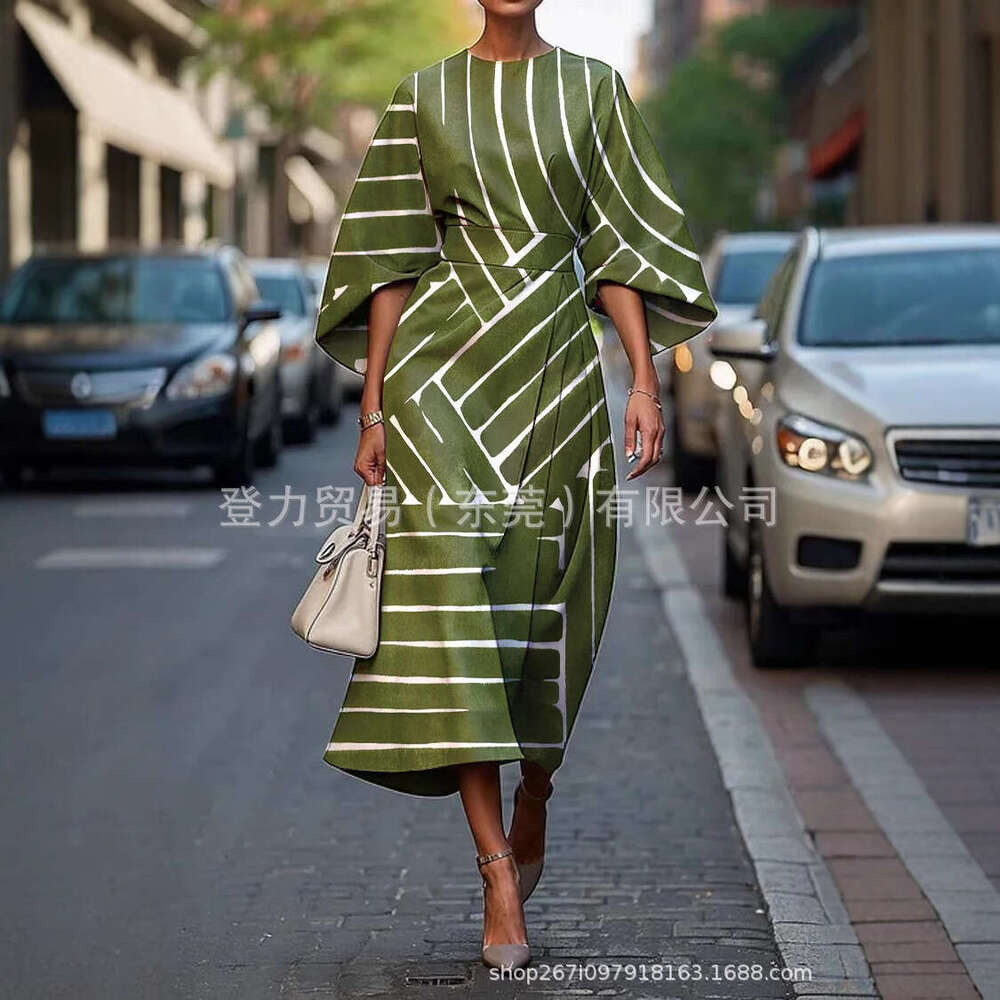 2025 Seven Cent Bat Sleeve Long Dress Abstract Irregular Art Elements Digital Printing