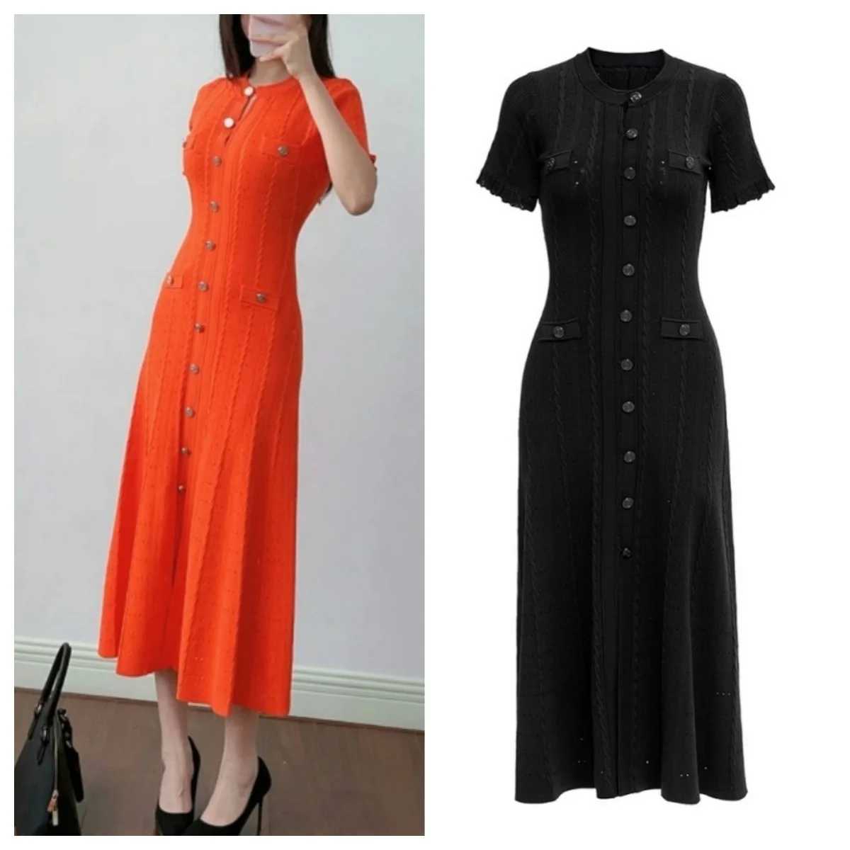 French Elegant Summer Solid Round Neck Short Sleeved Office Lady Knitted Dress Women Korean Single Breasted Long Dress Fashion M250522