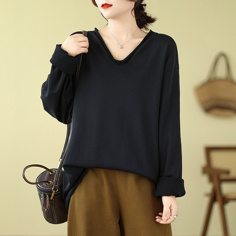 V3260 Autumn new irregular retro craft V-neck curling loose long-sleeved sweater for women