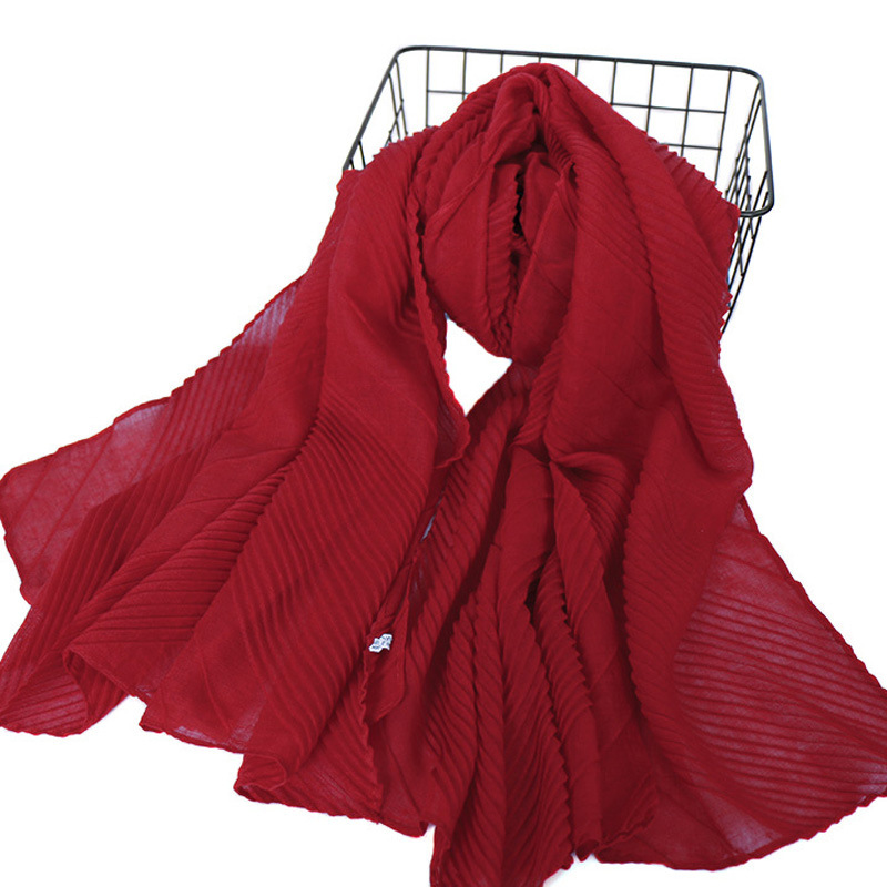 K788 Summer new solid color cotton and linen large and small pleated scarf high quality solid color wrinkled