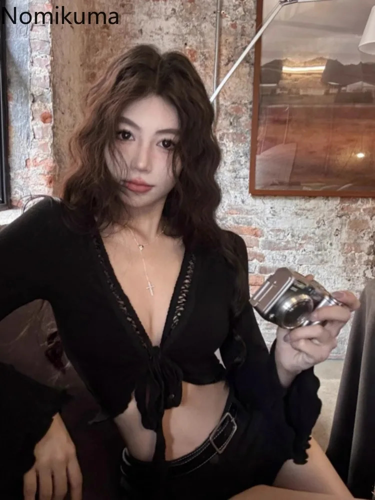 Deep V-neck Flare Sleeve Blouse Womens Clothing Bandage Tunic Sexy Crop Tops Camisas De Mujer Fashion Sweet Summer Shirts 250516