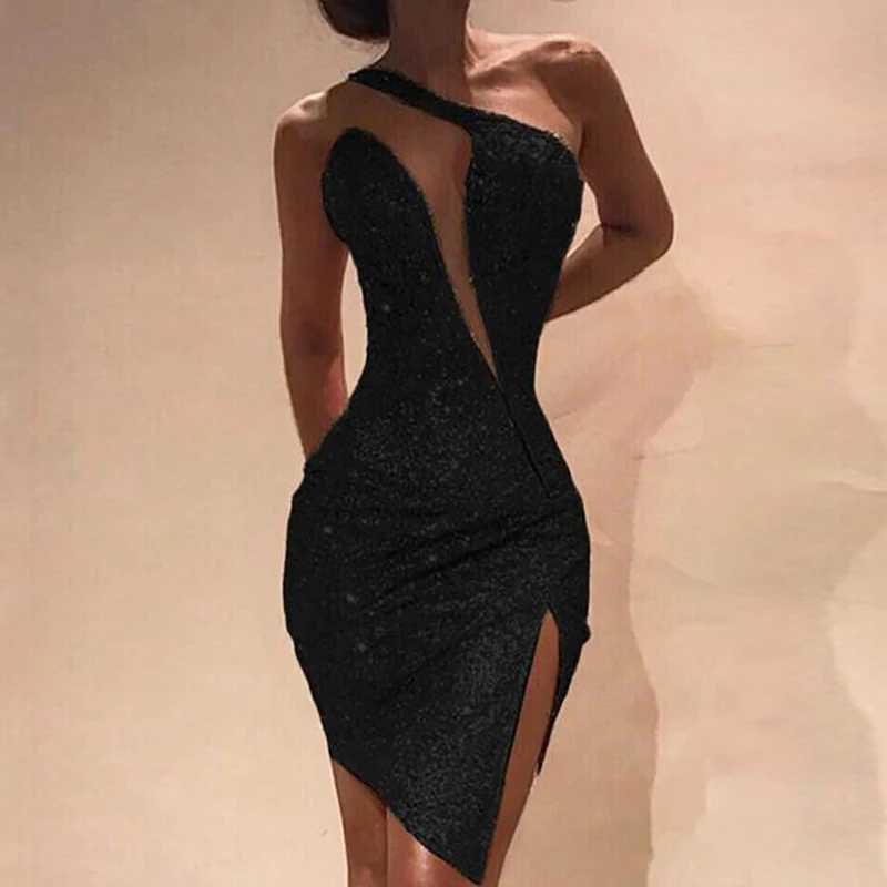Elegant Ladies Sleeveless Irregular Designer Dress Sexy Slant Neck Sequin Hip Wrap Dress Fashion One Shoulder Slim Split Dresses M250522