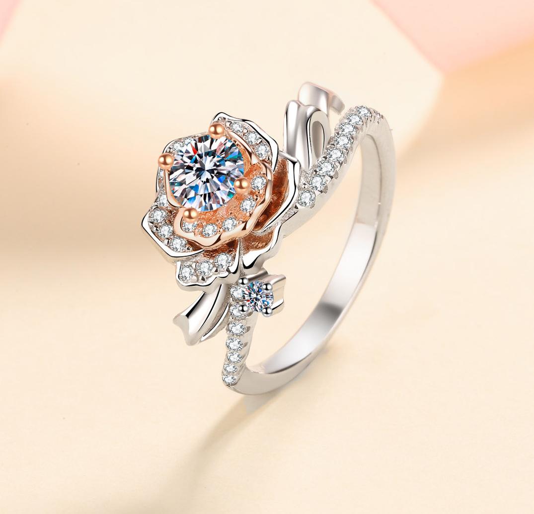 925 Sterling Silver Rose Gold Moissanite Ring, Floral Design with Diamond Accents, Elegant Engagement or Wedding Ring for Women