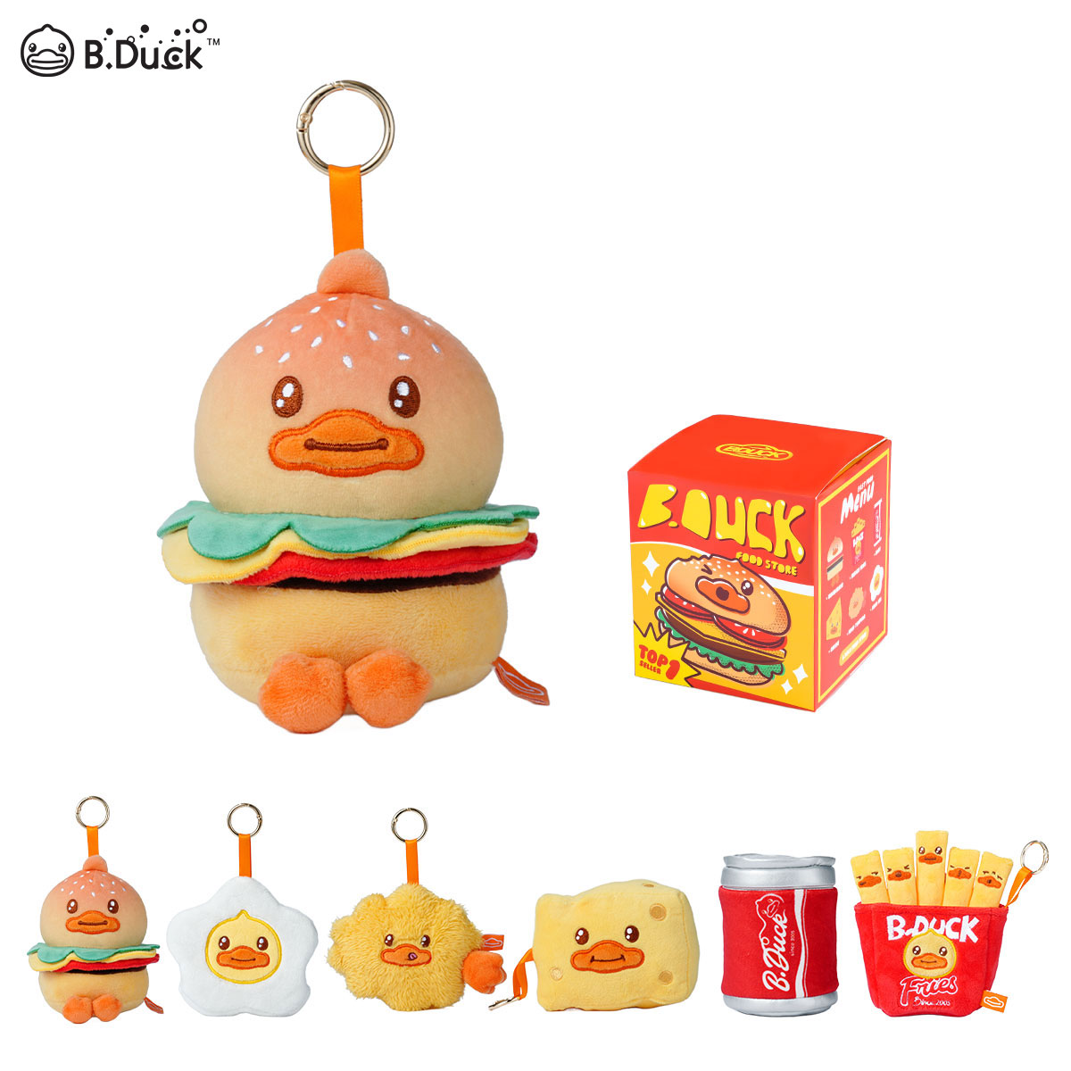 B.Duck Food Collection Plush Keychain Set, Fast Food Theme, 6-Piece Blind Box with Burger, Fries, Soda, Egg, Cheese, Shrimp Characters (Single Box)