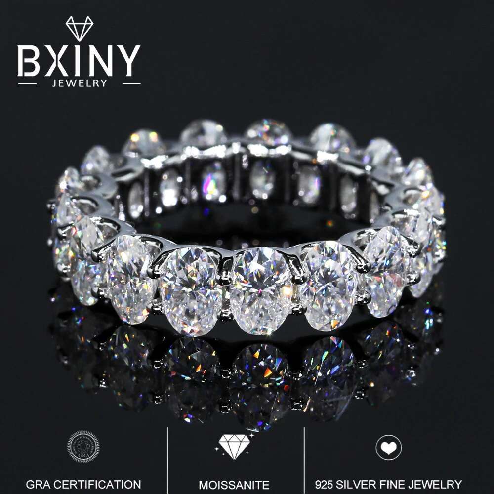 BXINY Full Oval Cut Moissanite Eternity Rings S925 Silver D Color 3*5mm Diamond For Women Promise Wedding Band Jewelry Gifts GRA