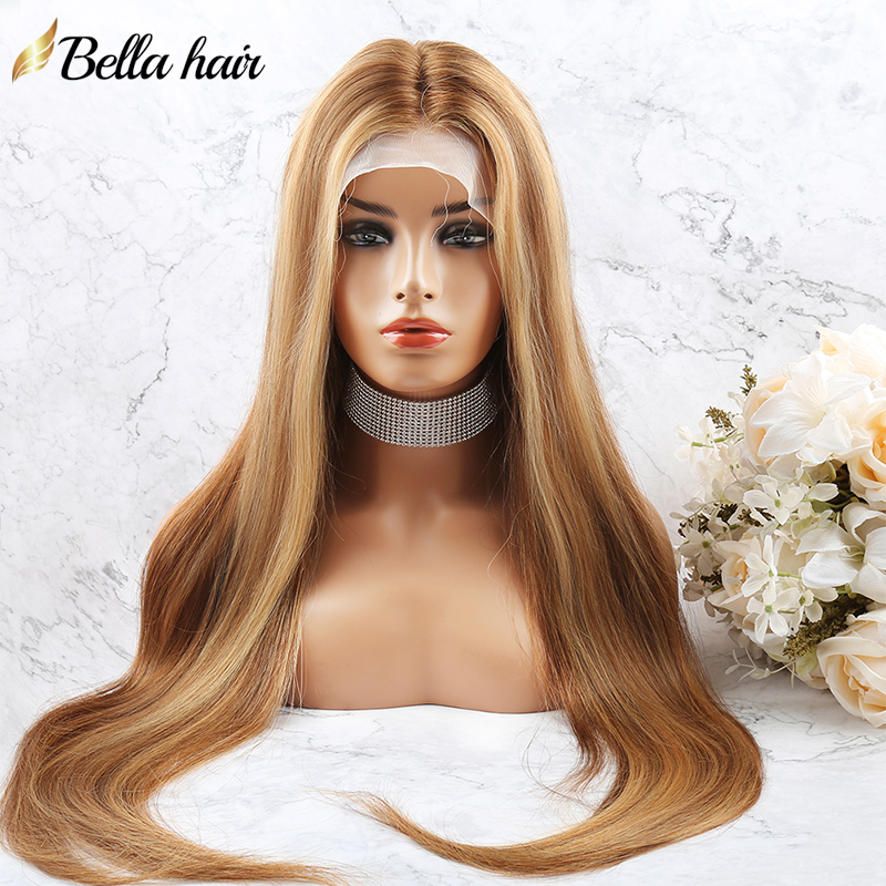 Lace Front Wig Human Hair 200% Density Piano Color Wigs 4/27 Honey Blonde 13x4 Highlight Blunt Straight Pre Plucked Bleached Knots Transparent Lace Fr
