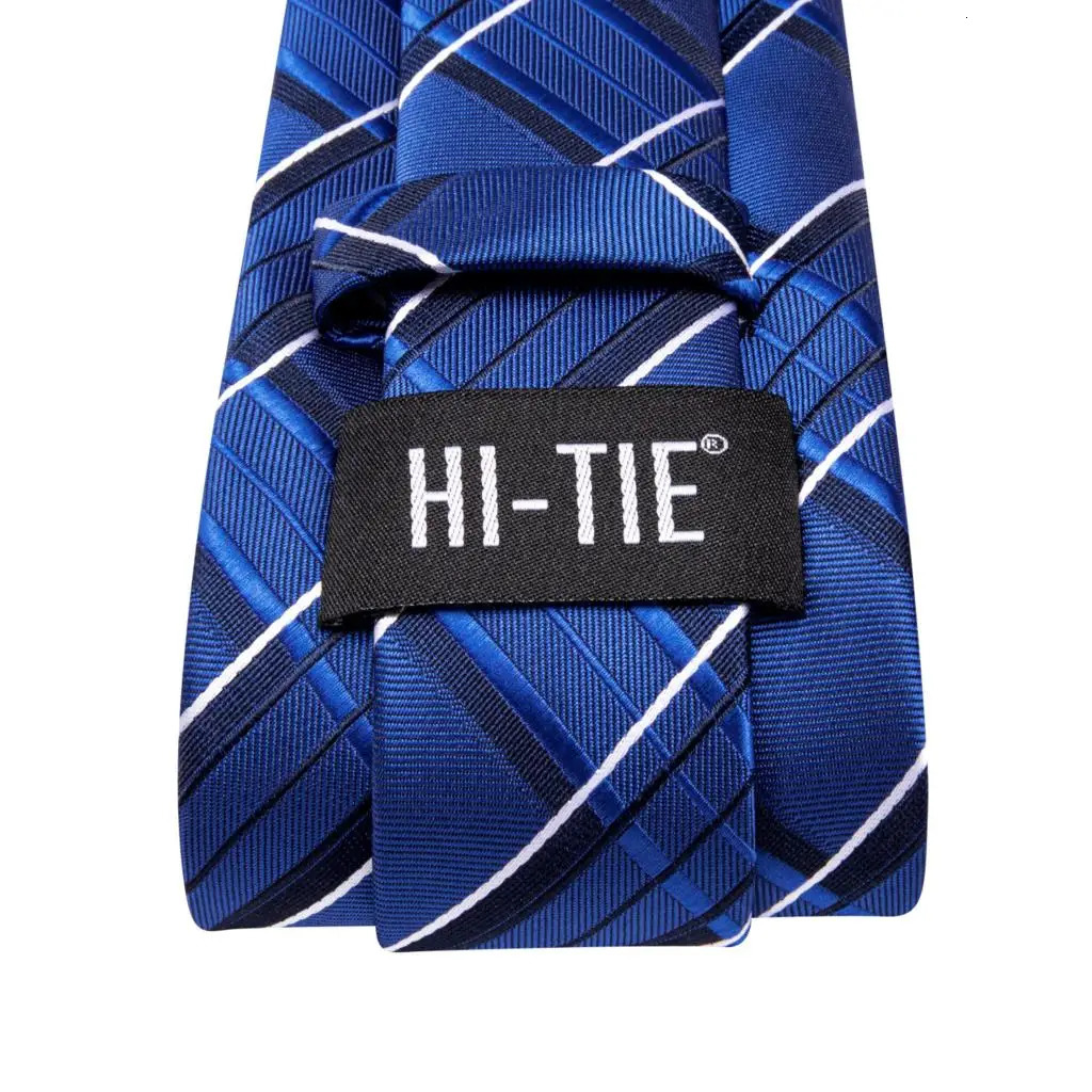 Hi-Tie Striped Navy Blue Silk Elegant Tie For Men Groom Wedding Men Necktie Pocket Square Cufflink Accessory Wholesale 250522