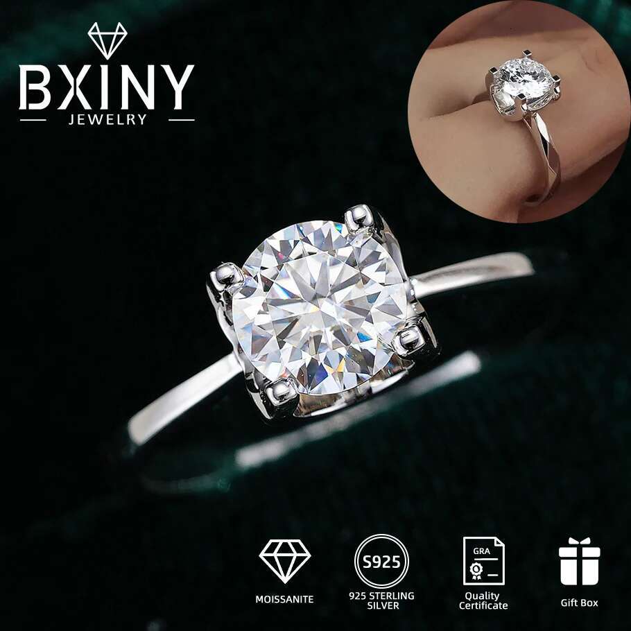 BXINY GRA Certified Moissanite Ring Sterling Sier D Color Lab Dia Solitaire Wedding Band for Women Gift Jewelry