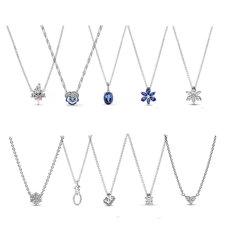 Cute S925 Sterling Silver Authentic Blue Diamond Zircon CZ Snowflake Castle Pendant Necklaces Women Birthday Christmas Luxuy Jewelry Gifts N063