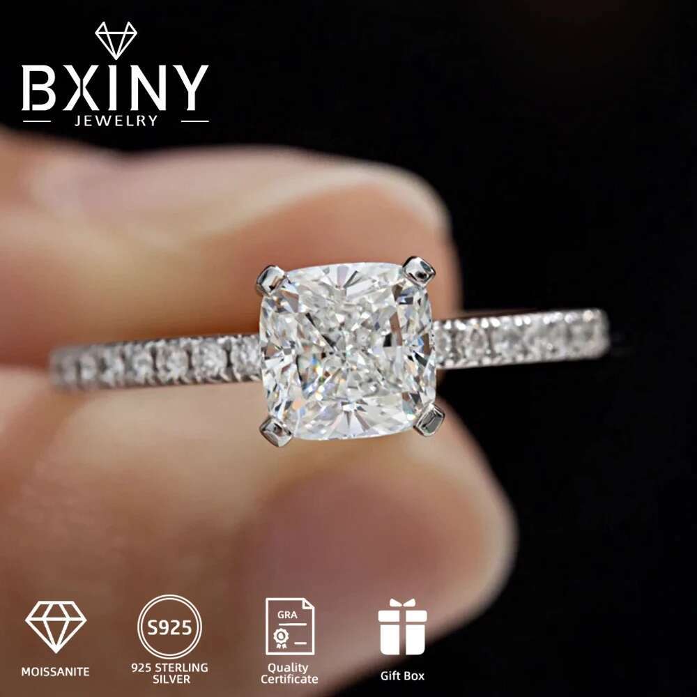 BXINY 1/2/3CT Cushion Cut Moissanite Ring Sterling Sier GRA Certified Lab Dia For Women Wedding Band Fine Jewelry Gift