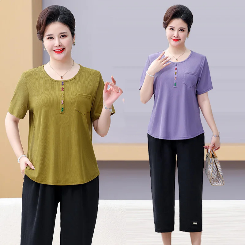 Button Decoration Minimalist TopPants Set Summer 2025 Plus Size Round Neck Straight Tube Short Sleeved Tshirt Commuting Casual 250516Z