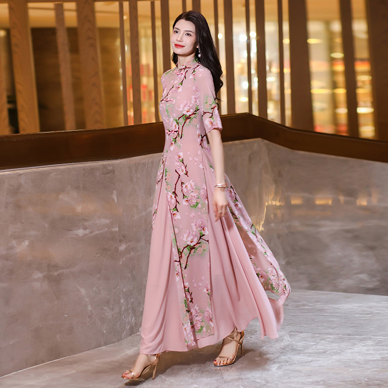 High Elegance Womens Short Printed Chiffon Cheongsam Maxi Dress for Summers